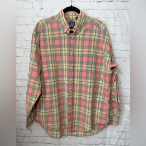 GAP size large pink, blue & yellow pastel plaid button down